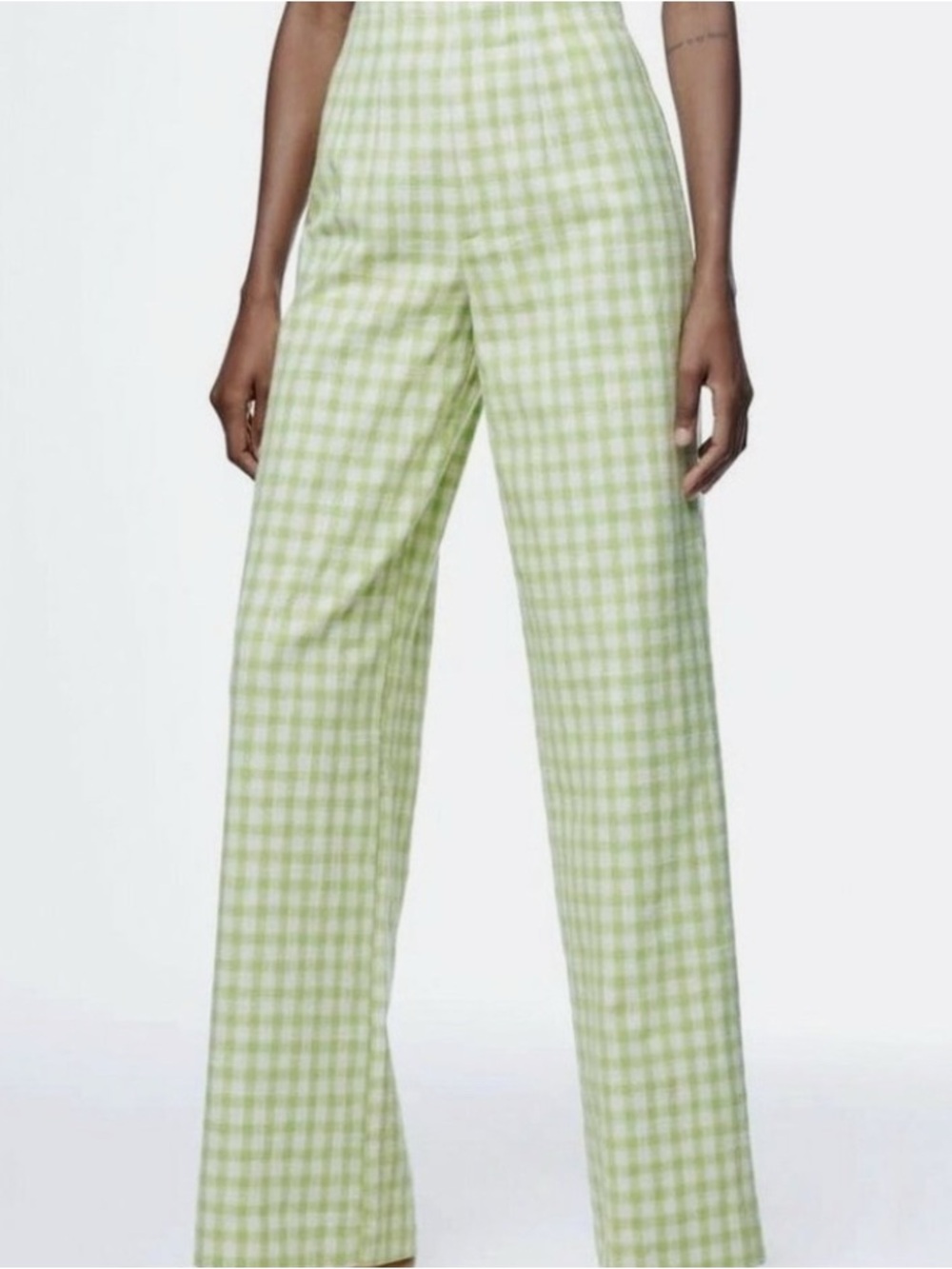 Zara Green Gingham High-Rise Wide-Leg Pants Linen style